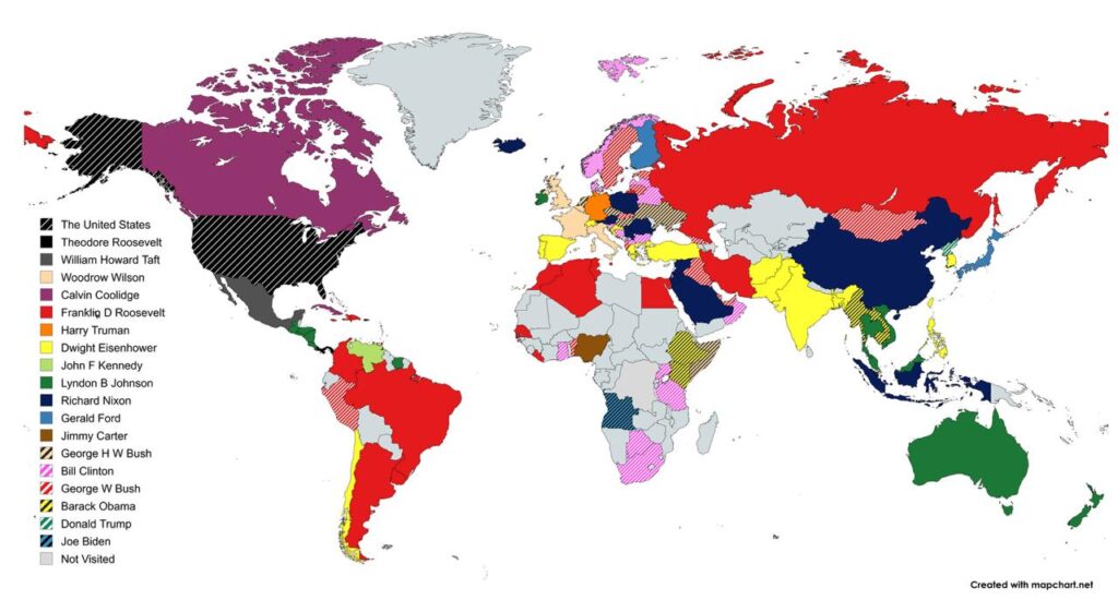 Карта First sitting US president to visit each country